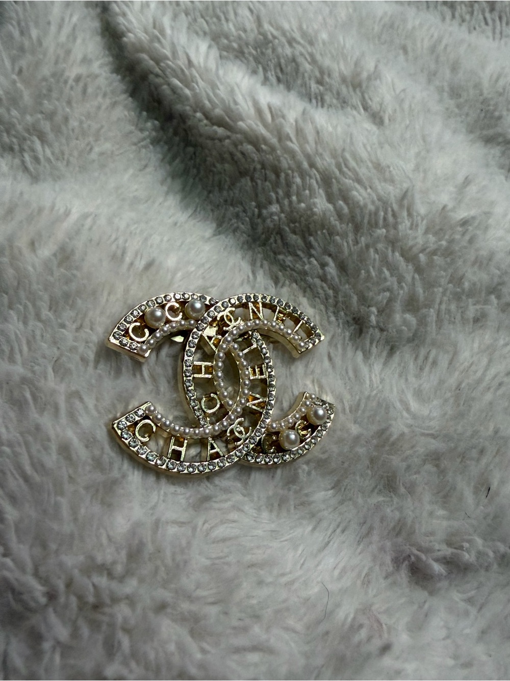 Gold-Tone Pearl & Crystal Interlocking Logo Brooch -